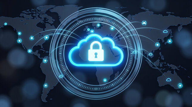 Cloud security concept with digital lock. Global data protection and network safety tech.