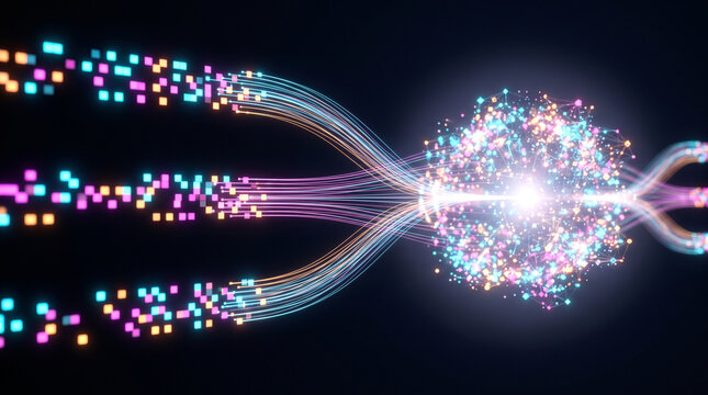 Digital data stream merging into a core. Abstract fiber optic network connection concept.