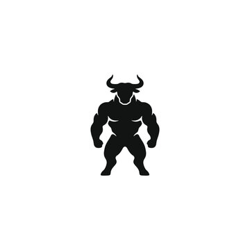 Muscular bull man silhouette logo vector illustration, strong minotaur character isolated on white background