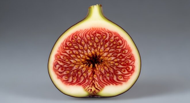 Close-up of a Freshly Cut Fig Revealing its Vibrant Red Interior and Seeds.