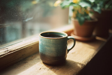 Obraz premium Cozy coffee mug on wooden windowsill with morning light