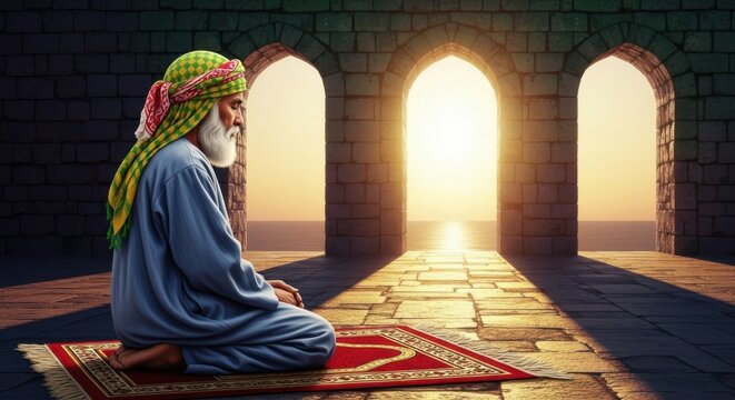Elderly muslim man praying on a rug inside an old mosque with stone arches