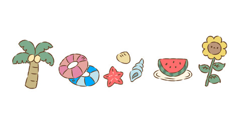 Fototapeta premium 背景透過のもっちり手描きイラスト 夏の飾り罫線 ライン 夏の海