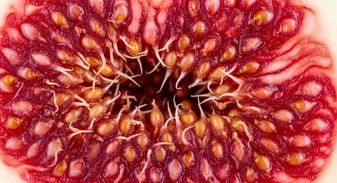 Macro Close-up of a Fresh Fig Interior Revealing Seeds and Pulp.