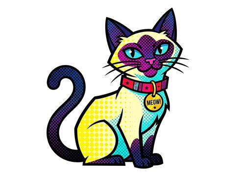 Stylized siamese cat with collar and tag illustration