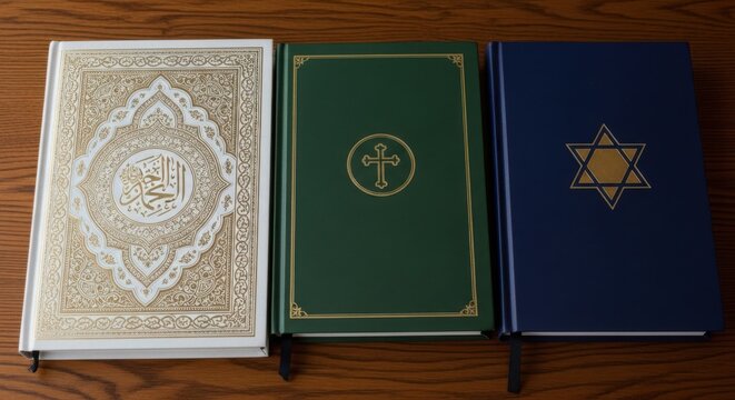 Three holy books representing islam christianity and judaism placed together on a wooden table