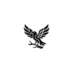 Fototapeta premium Black raven tribal silhouette logo illustration perched on a branch, isolated on a white background.