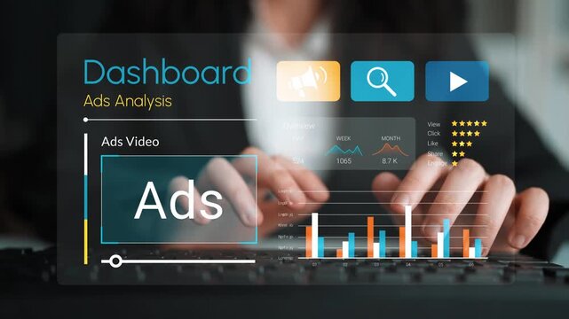 Hands on Keyboard for Digital Dashboard Analytics, Ads Video, Graphs, Charts, Data Visualization, Metrics, Business Performance, and Marketing Insights Gluon.