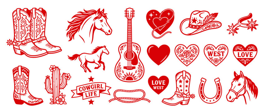 Western Cowboy Elements Collection: Boots, Horses, Guitar, Hearts