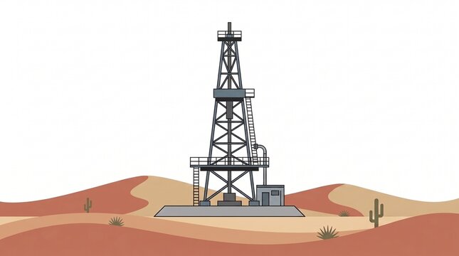 Industrial Oil Rig Drilling Derrick in Desert Sand Dunes Flat Vector Illustration