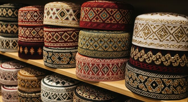 Colorful traditional embroidered kufi hats stacked on a wooden shelf in a market