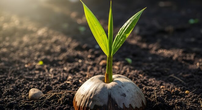 Young coconut palm tree sprout growing from a coconut in fertile soil with sunlight.