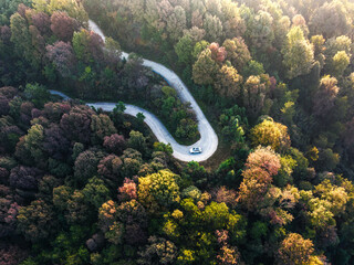 Obraz premium An aerial view of a winding asphalt road cutting through a colorful autumn forest with a small car driving on the curve.