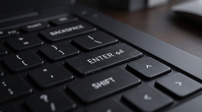Close-up view of a black computer keyboard with focus on the enter and shift keys.