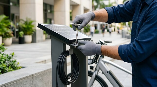 Technician installing small solar panel on electric bicycle charging station in modern urban environment