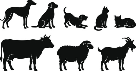 Plakat Domestic animals and pets silhouette icon set vector illustration farm and home animals collection design project.eps