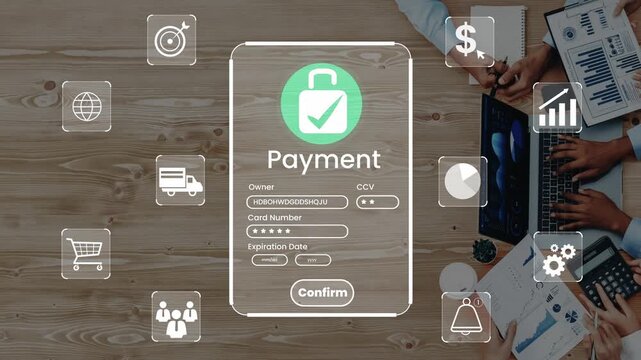 Digital Payment Interface with Security Features and User Input Fields for Online Transactions on a Wooden Table with Business Background Gluon.