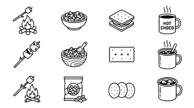 Campfire treats, s'mores ingredients, hot chocolate icons - vector illustration