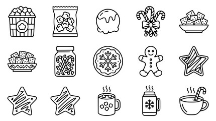 Fototapeta premium Christmas Treats Icons: Popcorn, Candy, Cookies, Hot Drinks & More - Line Art