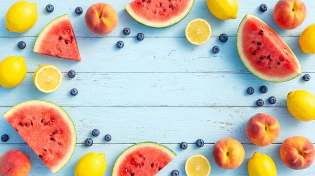 Summer Fruit Medley: A vibrant assortment of fresh watermelon slices, ripe peaches, zesty lemons, and juicy blueberries arranged artfully on a rustic light blue wooden surface.