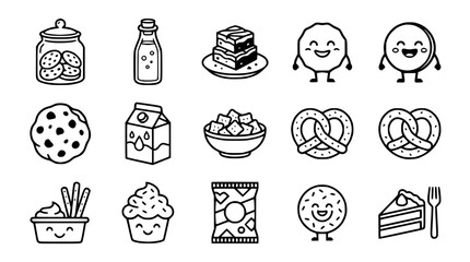 Fototapeta premium Cute Kawaii Food Icons: Cookies, Cake, Pretzel, Chips, Milk, Desserts - Vector Collection