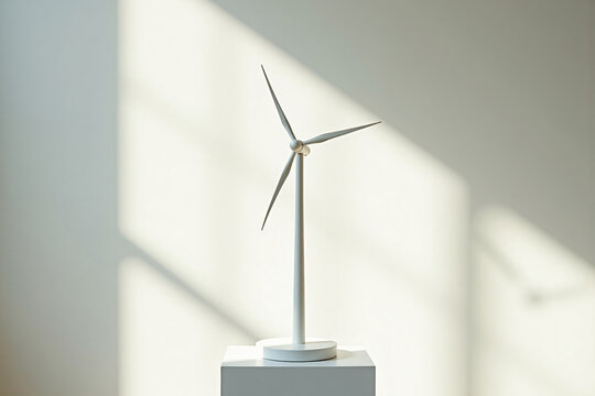 Minimalist white wind turbine model on pedestal with soft natural sunlight and shadows on plain neutral background showcasing sustainable energy concept