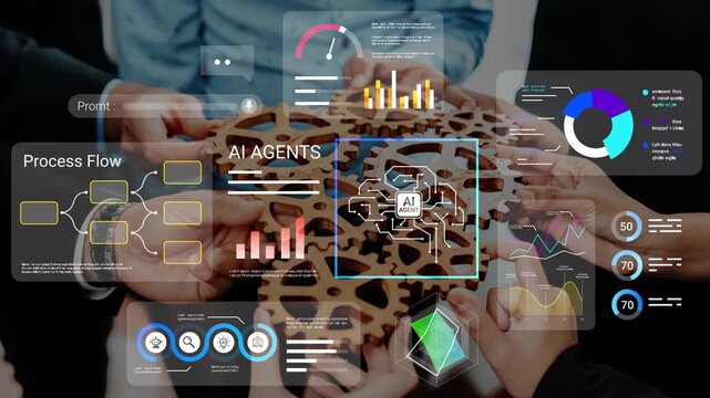 Diverse hands working together to analyze data and innovate using artificial intelligence technology in a collaborative business setting Gluon.