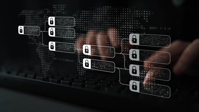 Blockchain structure showing distributed data blocks linked with encryption, representing secure transaction verification, decentralized control, and immutable record system Marrow