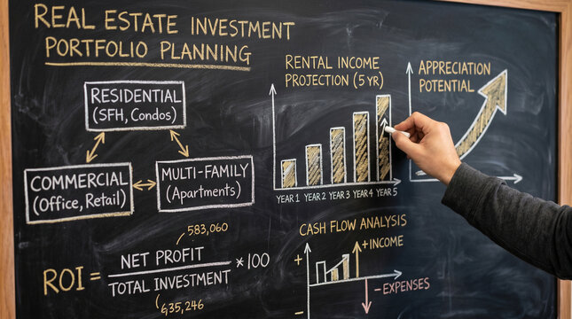 Real estate investment portfolio planning illustrated on a chalkboard, showing different property types, financial formulas, and growth charts