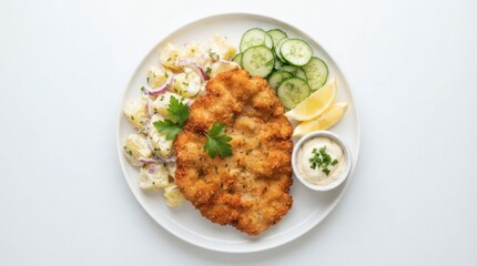 Fototapeta premium Top Down Food Photography Large Golden Crispy Chicken Schnitzel Round White Plate