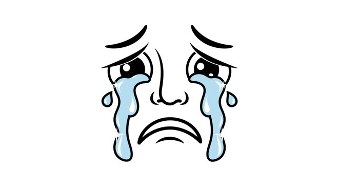 Simple cartoon illustration of a sad face with large tears streaming down its cheeks, depicting sorrow and emotional distress.