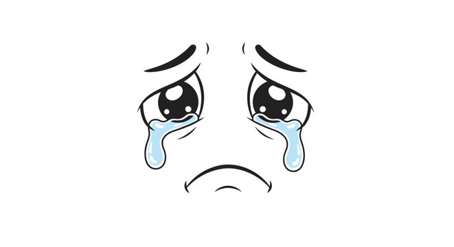 A cartoon illustration of a sad face with large, tear-filled eyes and a downturned mouth, conveying a strong sense of sorrow and distress.