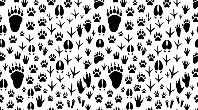 Diverse wildlife bear deer wolf paw footprints silhouettes vector texture for fabric