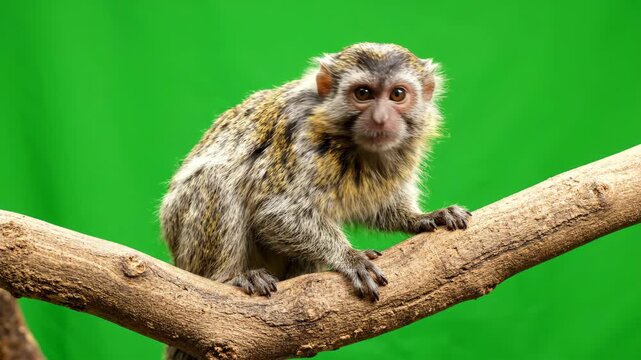 A small cute monkey sitting on a wooden branch looking around curiously against a bright green screen background for easy keying