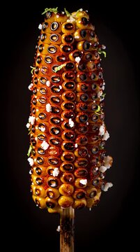 Grilled corn on the cob seasoned with cheese and herbs over dark studio background