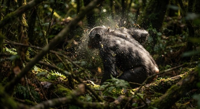 Chimpanzee foraging in a dense tropical rainforest with sunlight filtering through trees