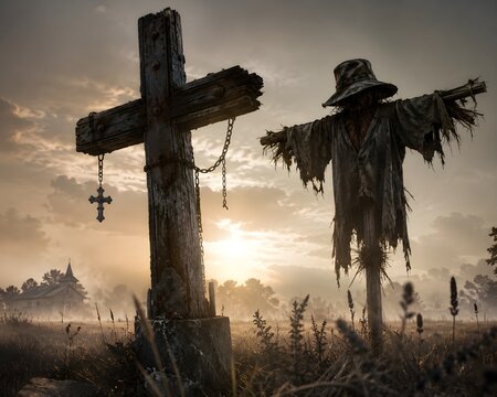
Haunted Scarecrow and Weathered Wooden Cross in a Foggy Abandoned Farm at Sunrise