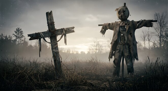 
Haunted Scarecrow and Weathered Wooden Cross in a Foggy Abandoned Farm at Sunrise
