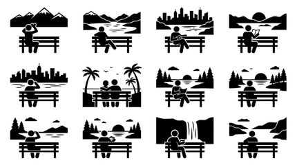 Obraz premium People sitting on benches enjoying various scenic views.
