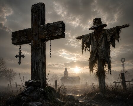 
Haunted Scarecrow and Weathered Wooden Cross in a Foggy Abandoned Farm at Sunrise