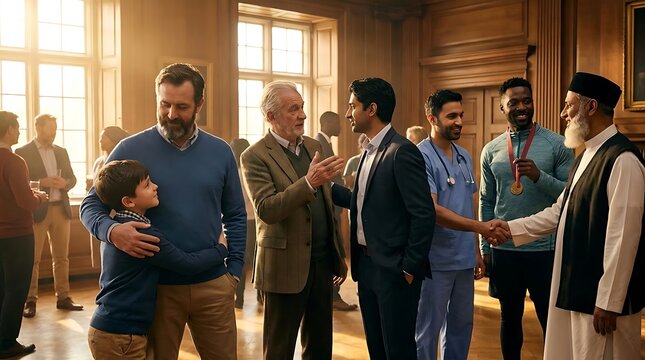 Group of diverse professionals shaking hands in formal hall.