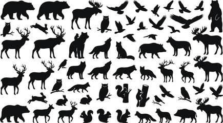 Fototapeta premium Wild forest animals and birds silhouette mega collection for hunting and wildlife decor