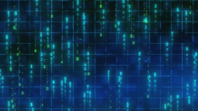 Grid lines intersect with vertical columns of descending blue numbers to create a digital data field.
