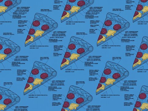 Seamless Pattern of Pizza Slice Blueprints with Technical Diagrams and Text on Blue Background