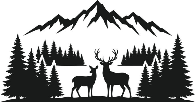 Wilderness mountain landscape with deer pair and fir trees silhouette wall art