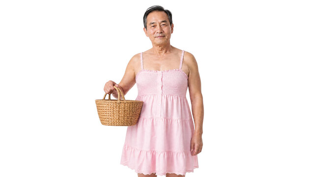 Portrait of Senior Asian Man Wearing Pink Dress and Carrying Wicker Basket Isolated on Transparent Background