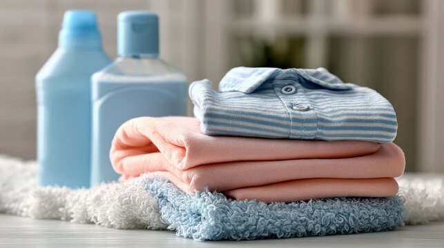 Neatly folded clothes stacked on towels with laundry detergent bottles in the background on a clean surface.