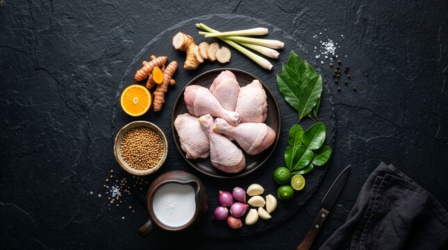 Raw chicken drumsticks with spices for Indonesian chicken curry