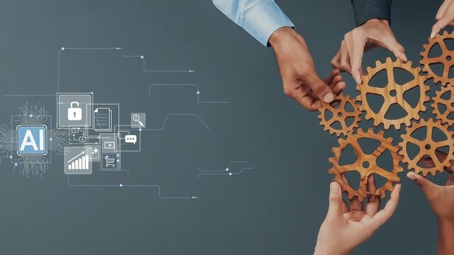 Hands Collaborating with Gear Mechanisms and Digital Icons for Artificial Intelligence and Data Management Conceptual Representation Gluon.