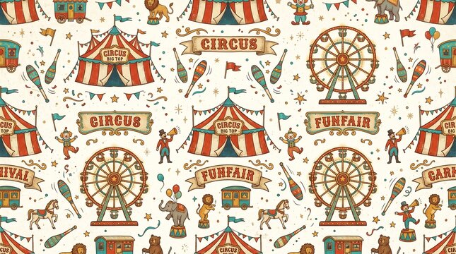 Vintage Circus and Funfair Seamless Pattern with Animals and Tents